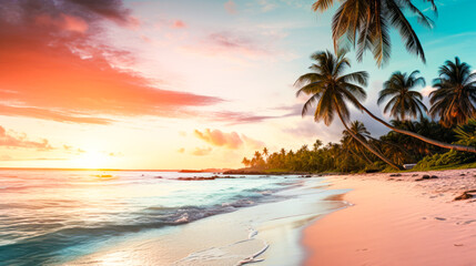 Fototapeta na wymiar Colored beach with palm trees with sunset light and reflections. Vacation, romance. Ai generation