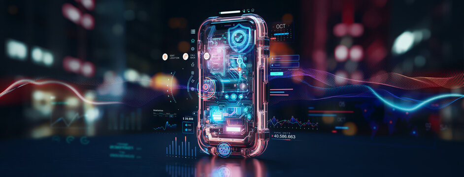 smartphone digital identity and cybersecurity of personal banking or investment safety online concept, wide banner of mobile phone using biometric digital finger print and Two-factor authentication