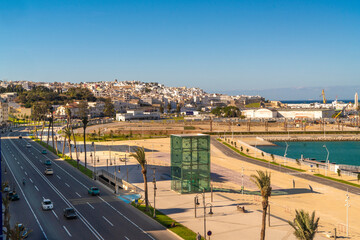 Tangier promenade on the Mediterranean with the Kasabah and Medina in the background, Tangier, Morocco © TambolyPhotodesign
