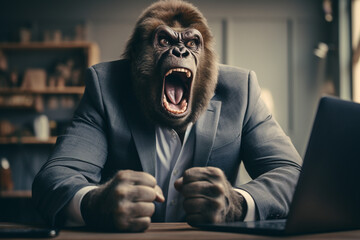 schimpfender, wütender Gorilla im Business Anzug vor dem Laptop bei der Arbeit im Büro / Home Office. Generative Ai.