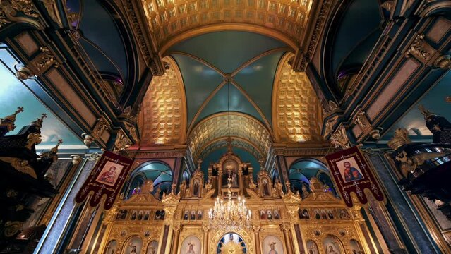 Interior view of the Saint Stephen Orthodox Church in Istanbul, Turkey. A lot of decoration, the altar