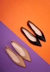 Two pairs of classic feminine women's pointed-toe shoes of different colors but the same model on a contrast multicolor background. Top view, flat lay. The concept of modern stylish footwear