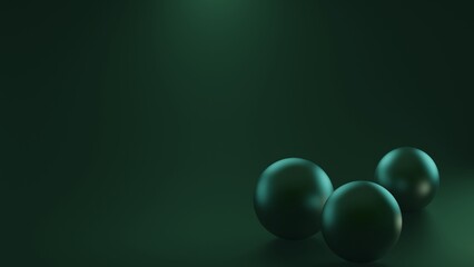 A minimalistic green background with three frosted balls in the corner. 3D illustration.