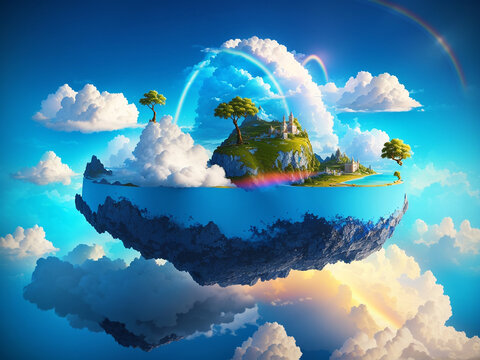 Fictitious Floating Island with a Clund Hovering Over - AI Generative