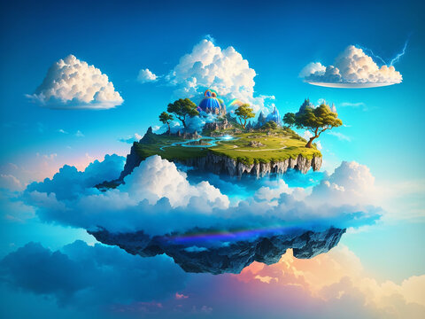 Fictitious Floating Island with a Clund Hovering Over - AI Generative