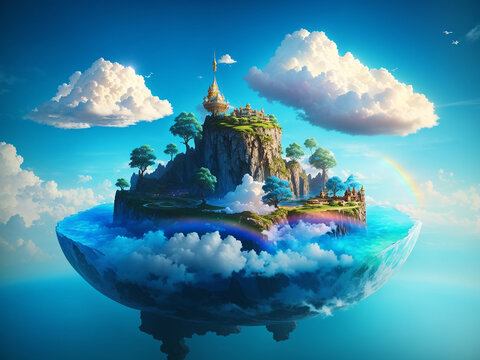 Fictitious Floating Island with a Clund Hovering Over - AI Generative