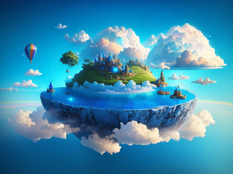 Fictitious Floating Island with a Clund Hovering Over - AI Generative