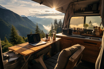 The Concept of Workation and Remote Work in a Cozy Camp. Generative AI.