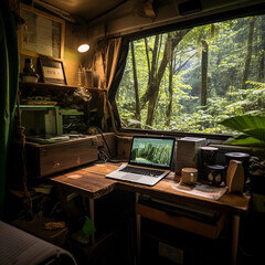 The Concept of Workation and Remote Work in a Cozy Camp. Generative AI.