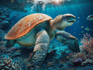 Underwater Photograph of a Coral Reef and a big Sea Turtle - AI Generative