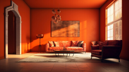 Corner view on bright living room interior with empty white poster, sofa. Generative AI