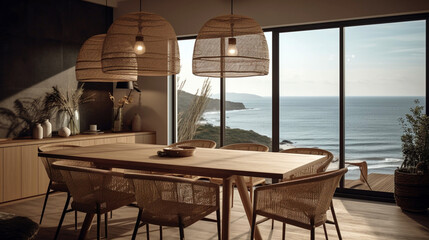 Minimal Dining Room interior 3d rendering with sky and sea view. Generative AI