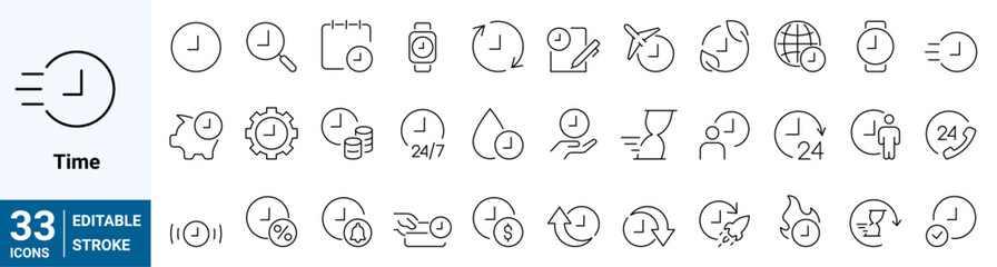 Set of 33 outline web icons related to Time. Time Speed, Hold, 24h Available and more. Editable Stroke. Vector illustration.