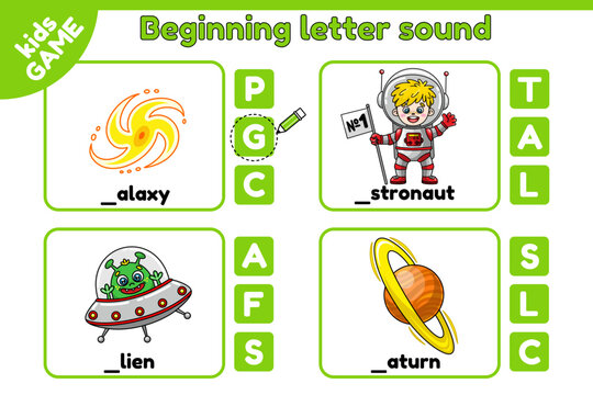 Cards matching educational game of beginning letter sound. Worksheet for learning English words on space theme. Spelling training. Cartoon astronaut, alien, planet Saturn, galaxy. Vector illustration.