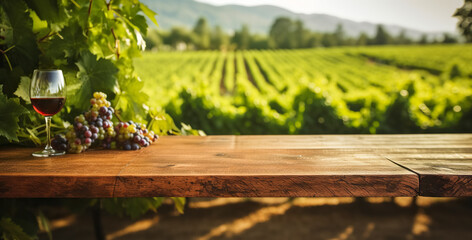 Empty wood table top with a glass of wine on blurred vineyard landscape background, for display or...