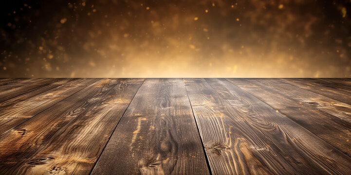 Empty wooden deck table with Bokeh background for product montage display, digital ai