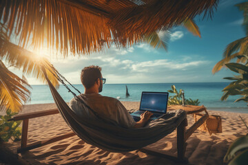 Workation Remote Work - Freelancer with Laptop in Hammock. Generative AI.