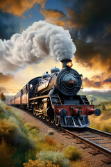 Naklejka premium A majestic steam locomotive chugs along a scenic railway track, billowing clouds of steam and leaving a trail of nostalgic charm in its wake. Generative AI