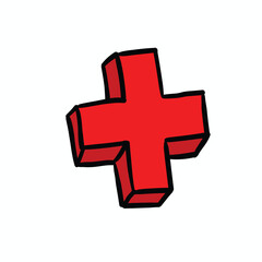 Cartoon red symbol plus hand-drawn on a white background.