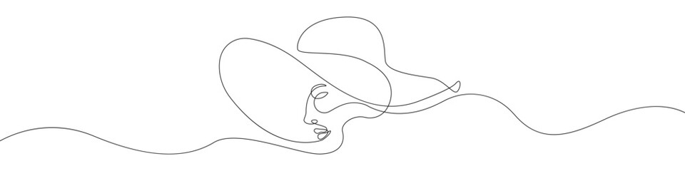 A woman's face line continuous drawing vector. One line A woman in a hat vector background. Aesthetics of a woman icon. Continuous outline of a Woman's head, beauty.