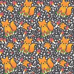 Obraz premium Autumn cartoon animals seamless fox and mushrooms fly agaric pattern for wrapping paper and fabrics and kids