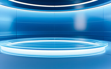 Blue podium with neon lights and rounded shapes in a blue empty room. Ai generation