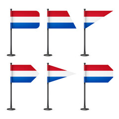 Realistic various Dutch table flags on a black steel pole. Souvenir from Netherlands. Desk flag made of paper or fabric, shiny metal stand. Mockup for promotion and advertising. Vector illustration