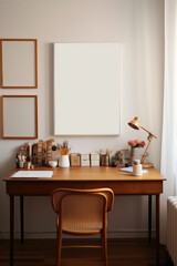 artistic frame canvas mock up in a curated whimsical studio setting / vintage artists desk, atelier bohemian style with natural light and shadows - ai generative art