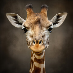 Studio portrait of a giraffe's face on a gray background. Design for logo, prints on textiles, manuals, covers. Generative AI