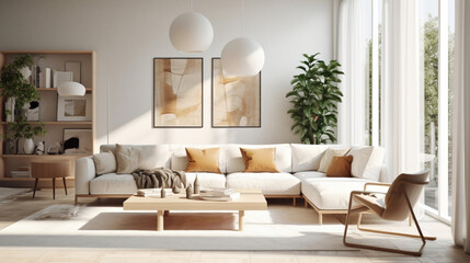 Contemporary Interior Design Background. nterior of living room with green houseplants and sofas. Scandinavian Living Room.