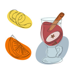 Mulled wine with cinnamon stick, apple and orange slice, lemon zest and colorful spot in trendy hues