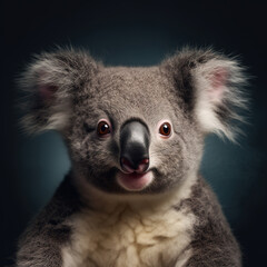Obraz premium Koala on a blue background close-up studio portrait. Australian marsupial bear. Generative AI.