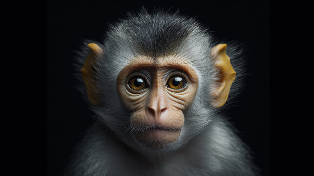Portrait of a monkey Close-up on black background. Wild exotic animal on a horizontal banner. Generative AI.