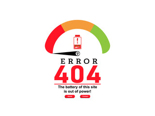 Funny error 404 abstract design with empty battery. Webpage internet security warning to use in programming, web development, webpage error, error 404 projects. 