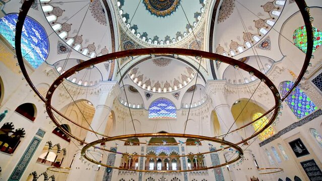 Interior view of the Camlica Mosque in Istanbul, Turkey. Painted ceiling