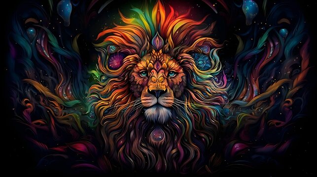 Lion head psychedelic painting intricate details with black background. 8k resolution