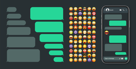Smartphone messaging app, user interface with emoji. SMS text frame. Chat screen, green message bubbles. Texting app for communication. Social media application. Dark mode. Vector illustration