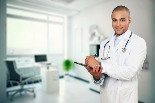 Young happy male doctor posing, AI generated image