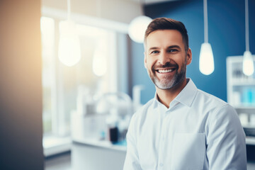 Portrait of smiling dentist standing in their office, representing friendly and approachable dental professional.