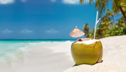 Photo sur Plexiglas Plage blanche de Boracay Tropical fresh coconut cocktail decorated plumeria on white beach. Summer vacation. Travel destinations. Long banner