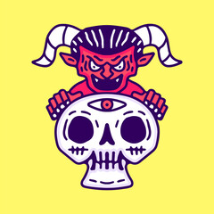 Devil holding skull head, illustration for t-shirt, sticker, or apparel merchandise. With doodle, retro, and cartoon style.