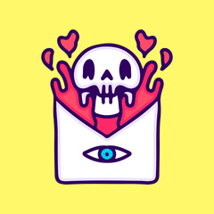 Crazy skull inside envelope, illustration for t-shirt, sticker, or apparel merchandise. With doodle, retro, and cartoon style.