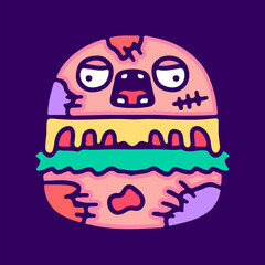 Zombie burger character, illustration for t-shirt, sticker, or apparel merchandise. With doodle, retro, and cartoon style.