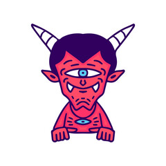 Devil with one eye character, illustration for t-shirt, sticker, or apparel merchandise. With doodle, retro, and cartoon style.