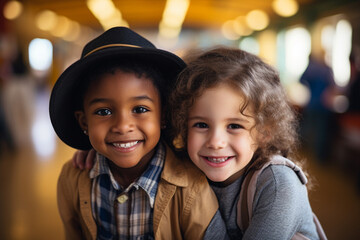 Two smiling 6 year old interracial best friends having a good time together at school. preschool. Happy childhood. grow in harmony friendship concept. super realistic AI generated illustration