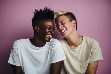 Obraz premium Two interracial best friends smiling and having a good time together in a studio. color pastel background. love. illustration created with AI