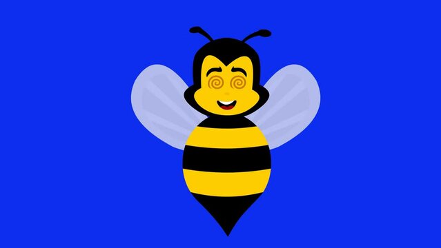 video animation insect bee cartoon, hypnotized with eyes rotating in a spiral shape. On a blue chroma key background