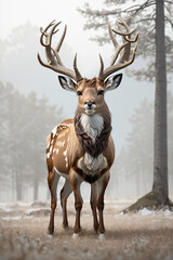 watercolor painting of long horned deer