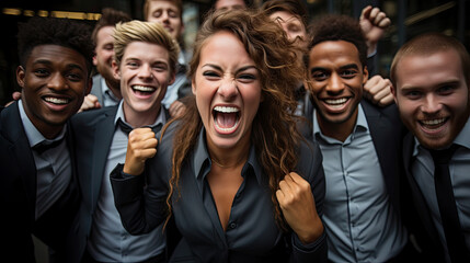 Group of Young multicultural people cheering and celebrating together. Diversity and team play concept