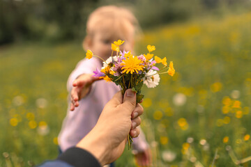 father giving daughter flowers in meadow 